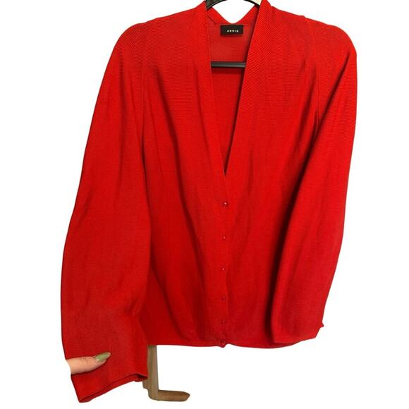 Akris Cotton V-Neck Long Sleeve Cardigan In Tomato Red Size 14 - Picture 7 of 16